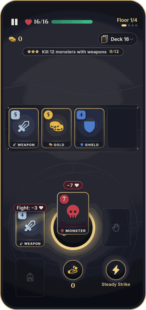 Deckrypt screen: a room with weapon, gold, shield and monster cards