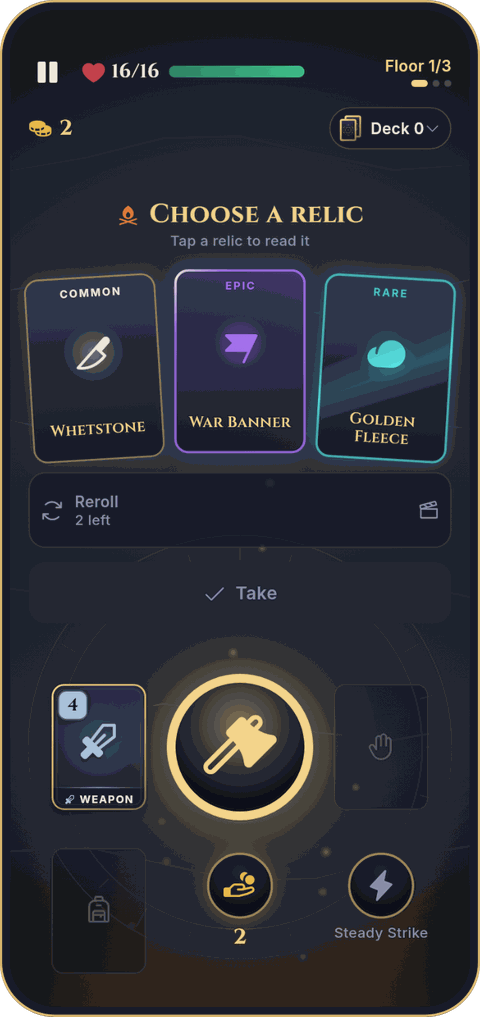 Deckrypt screen: choosing one relic out of three cards