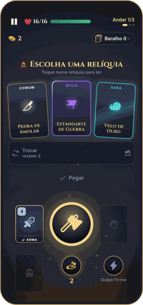 Tela do Deckrypt: escolha de uma relíquia entre três cartas