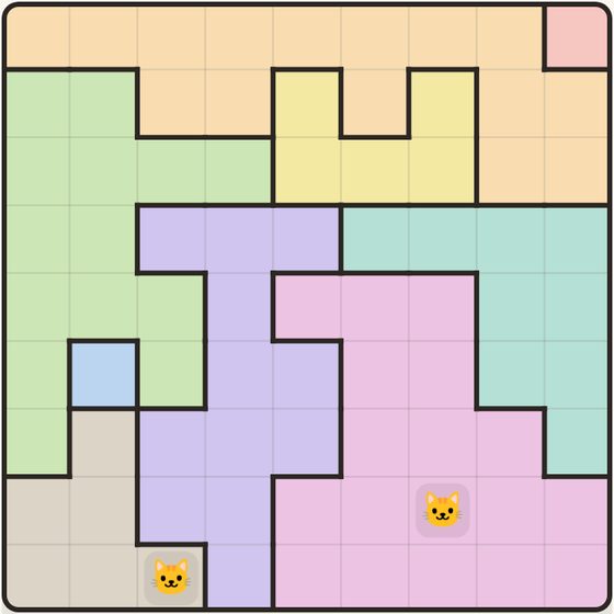 Pawzle screen: a 9×9 board of coloured regions with two cats already placed
